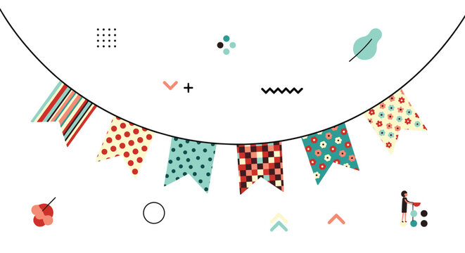 Festive celebration bunting banner with colorful patterned flags and geometric design elements for party and event decoration.