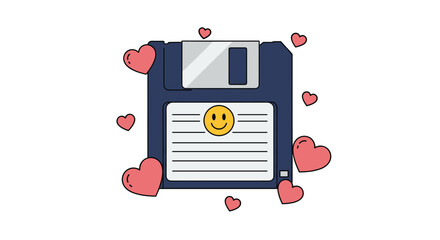 Naklejka premium Retro navy blue floppy disk icon decorated with a central yellow smiley face sticker and surrounded by several floating pink heart shapes.