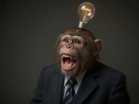 Monkey wearing a suit with a lightbulb on his head, expressing an idea or thought