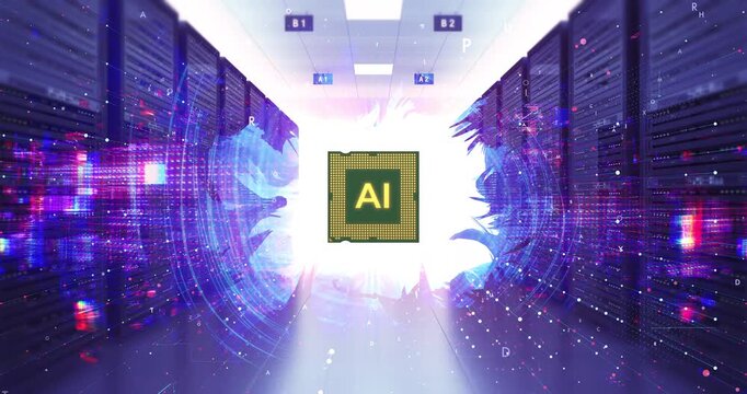 Scientific research hardware with central AI chip processor. AI Technology Related 3D Computer Animation.
