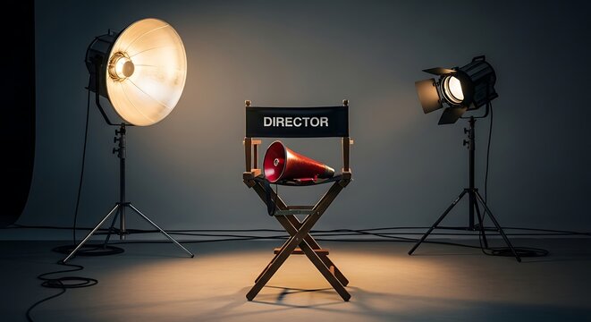 Empty director's chair with megaphone and professional studio lights on film production set