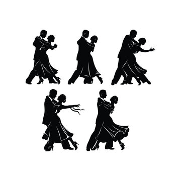 Couple dancing tango vector illustration set, ballroom dancers in various passionate poses.