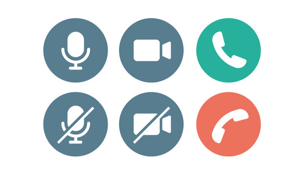 Video call icons ui interface buttons set, microphone and camera mute phone sign symbols circle shaped silhouette flat simple elements red green blue
