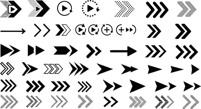 Set of black arrows and play buttons, collection of vector navigation icons, geometric pointer symbols, cursors for web interface, progress indicator, directional signs, infographic design