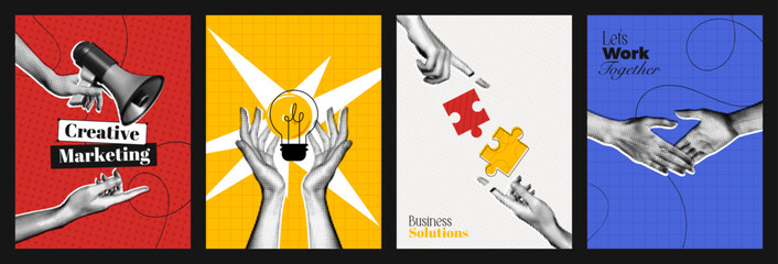 Trendy Halftone Collage Creative Marketing and Business Solution concept set of posters. Online adverting. Hands with Megaphone, Lightbulb and Puzzles. Partner handshake. Vector illustration art © accogliente
