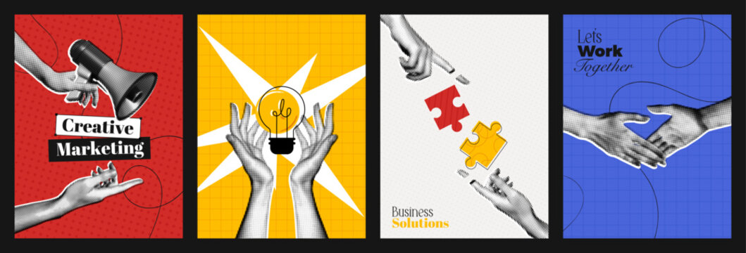 Trendy Halftone Collage Creative Marketing and Business Solution concept set of posters. Online adverting. Hands with Megaphone, Lightbulb and Puzzles. Partner handshake. Vector illustration art