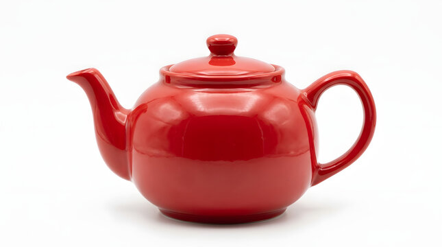 A shiny red teapot with a lid and handle on a white background