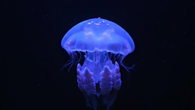 Bioluminescent Jellyfish Floating in Dark Ocean Water, Underwater Scene