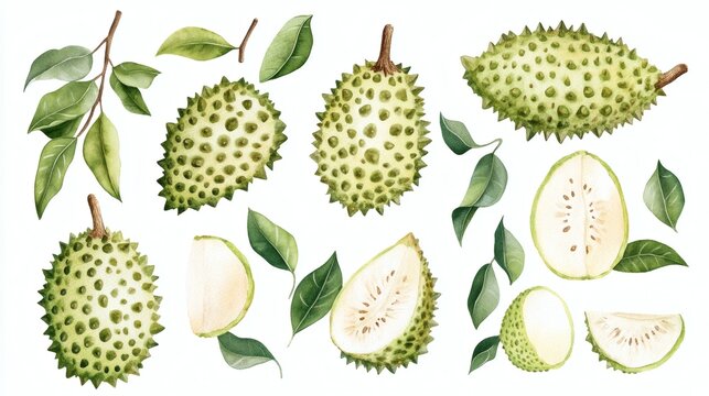 Watercolor illustration of soursop fruits and leaves on white background, whole and cut, botanical arrangement