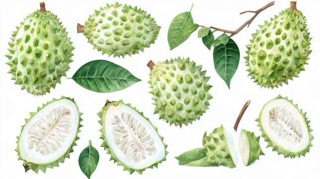 Watercolor illustration of soursop fruits and leaves on white background, whole and cut, botanical arrangement