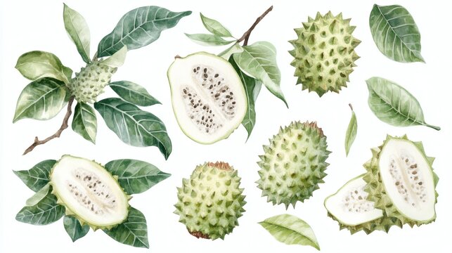 Watercolor illustration of soursop fruits and leaves on white background, whole and cut, botanical arrangement