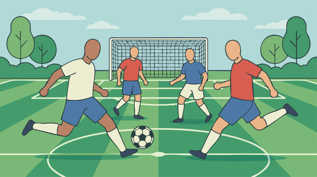 Illustration of soccer players on a green field with a goal and ball