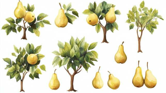 Watercolor illustration of pear trees and pears arranged in rows on white background