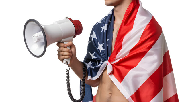 Man wrapped in American flag holding megaphone