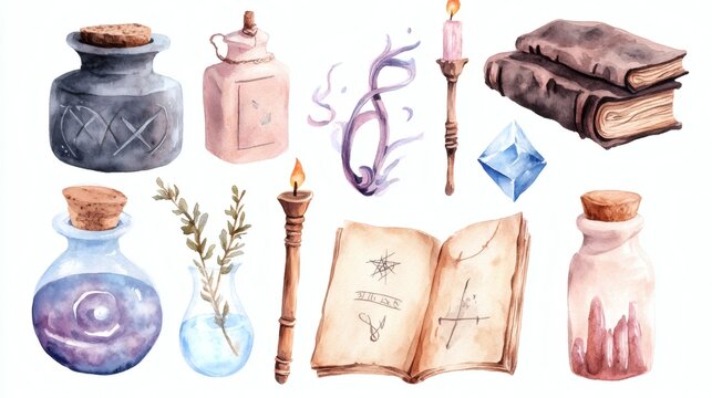 Watercolor set of fantasy witchcraft items: spellbooks, potions, candles, wand, talisman, herbs and magic symbols isolated on white.