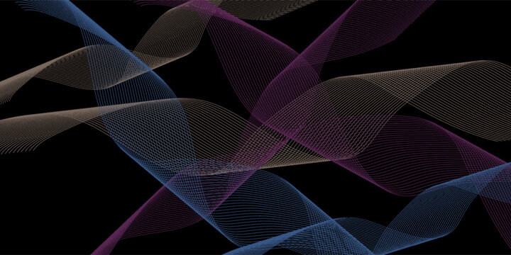 Neon flowing wavy lines on black background. Abstract sound wave design for ai concept, equalizer, audio record, voice assistant. Blue, pink orange gradient curve stripes. modern vector