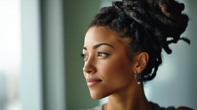 Young elegant woman profile view with magnificent coily dreadlocks, natural hair texture and glowing dark skin against a light background, beauty concept, defocused background,