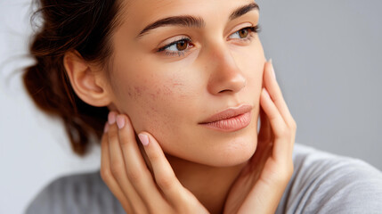 Fototapeta premium Close-up of a person's face showing skin texture with acne, reflecting the need for skincare solutions and dermatology awareness concept, defocused background, with copy space