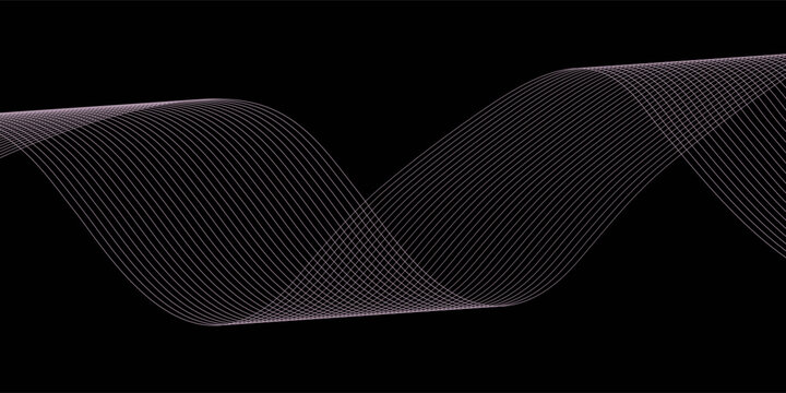 Smooth neon sound wave on black background. Abstract flowing wavy lines design for ai concept, eq equalizer, audio record, voice assistant. Blue pink orange purple gradient stripe wallpaper.