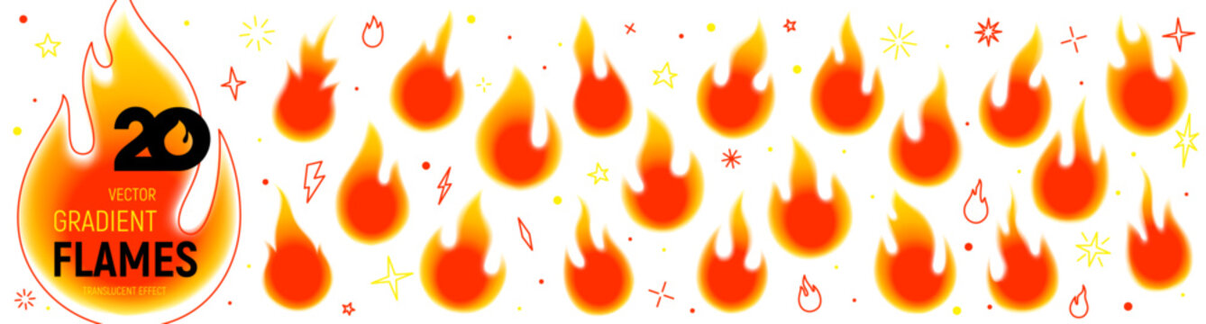 Big Set of Gradient Fire Flames. Vector collection of bright burning red, orange and yellow blaze templates with blur edges for fire icon, hot sale banner, energy and passion concepts, summer designs.