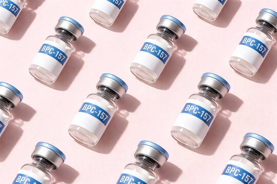 medical glass vials with peptide bpc-157 solution lined up on a pink background. Pharmaceutical supply for injection or health research. Concept of laboratory medicine and biological science