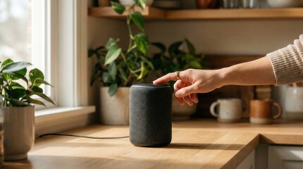 Obraz na płótnie Canvas Smart home assistant, woman touching voice controlled speaker on kitchen counter. IoT technology and AI automation for modern lifestyle.