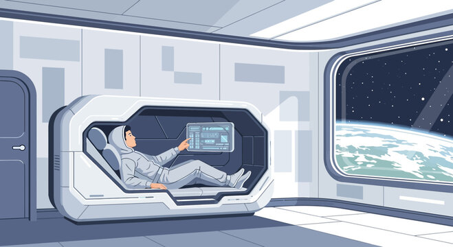 Astronaut rests in futuristic cabin with earth view window during space travel mission