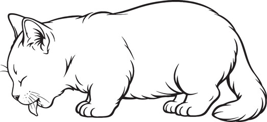 Obraz premium Munchkin Cat Drinking Posture Black and White Line Art Short Leg Cat Breed Vector Illustration