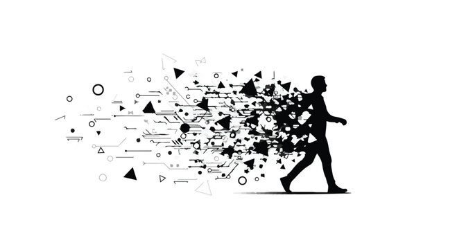 silhouette of person running with exploding geometric shapes