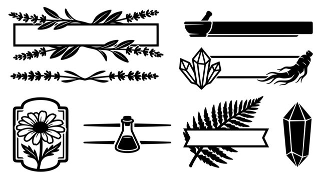 Solid black and white herbal apothecary banners, botanical text labels and mystical crystal frames featuring ginseng, potion and fern leaf designs