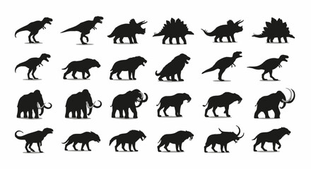 Extinct Prehistoric Wildlife Silhouettes Vector Illustration Set with Dinosaurs and Ice Age Megafauna © Fajar