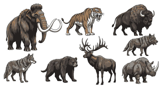 Ice Age Wildlife Vector Collection featuring Mammoth Sabertooth Tiger and Woolly Rhino Illustration