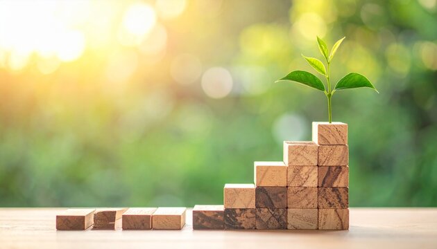 Business growth concept with reallocated wooden blocks and rising plant