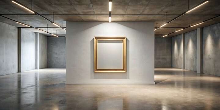 Empty gallery space with a large golden frame on a white wall, minimalist interior design with polished concrete floor and recessed lighting