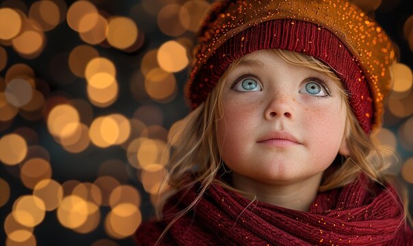 A young girl in a red hat and scarf looks up at something with wonder