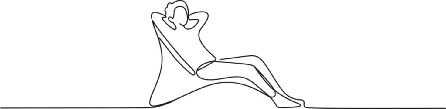 A single continuous line depicts a person comfortably relaxing in a chair.
