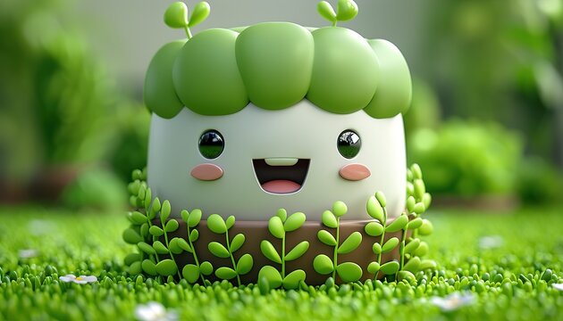 A cheerful cartoon plant creature sitting in a lush green garden with vibrant foliage and small flowers.
