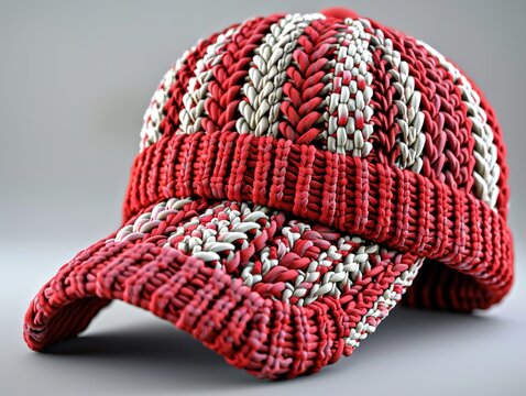 A red and white knitted baseball cap on a gray background