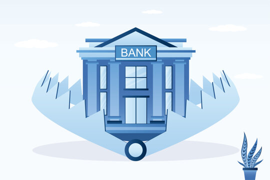 Bank building positioned as bait inside large steel trap, representing hidden risks of loans and financial debt metaphors in modern corporate world. Risk management.