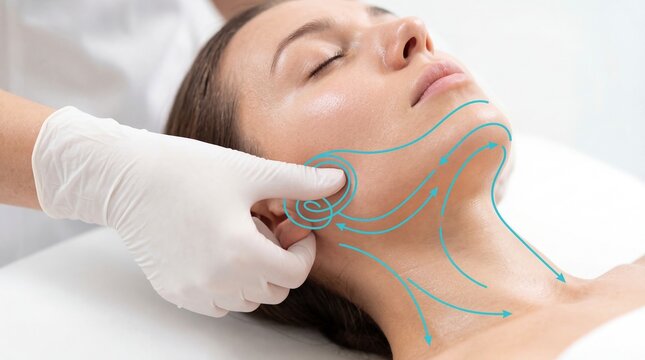 Cosmetologist performing facial massage on woman face. Beautician doing skin lymphatic drainage treatment. Professional spa rejuvenation therapy with digital direction arrows on skin.