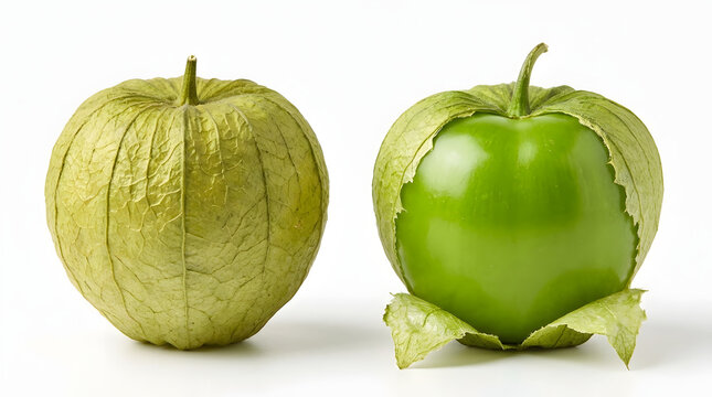 Two tomatillos, one peeled and one unpeeled, on a white background