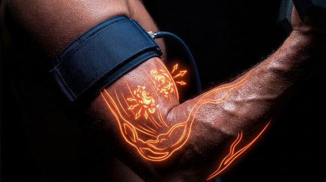 Man doing arm workout with blood flow restriction cuff. Muscular biceps under tension with digital glow overlay showing muscle pump and blood circulation. Bodybuilding and recovery concept.