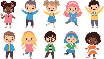 Fototapeta premium Cartoon Kids Icon Set Featuring Various Outfits, Hairstyles, and Accessories for Web and App Use