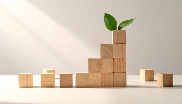 Strategic reallocation and growth concept with stacked wooden blocks and sprout