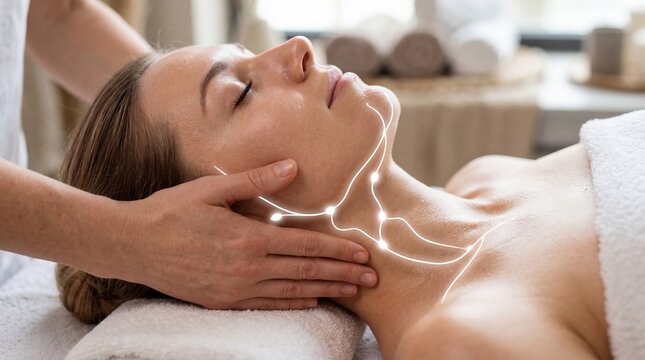 Woman receiving manual lymphatic drainage massage on neck. Professional esthetician performing facial contouring therapy. Holistic health, beauty treatment, and wellness concept.