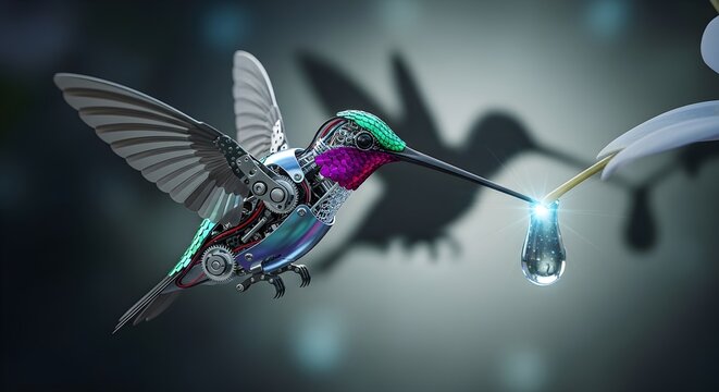 cybernetic hummingbird drinking nectar from a glowing flower