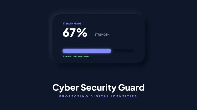 Cyber Security Stealth Mode Loading Progress Bar Interface with Encryption Status and Glowing Blue Elements on Pitch Black Background