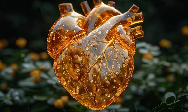 A transparent golden heart floats in a lush green environment with flowers