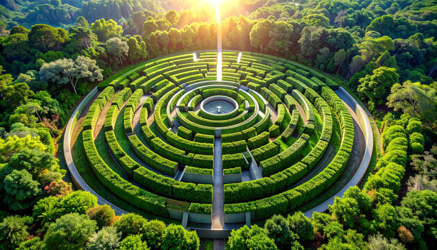 aerial view of a large circular hedge maze in a forest with sun shinin