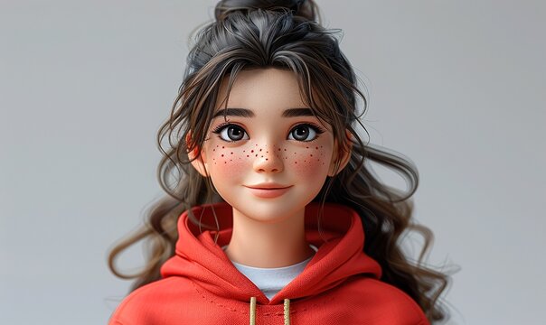A young woman with freckles and curly hair wearing a red hoodie